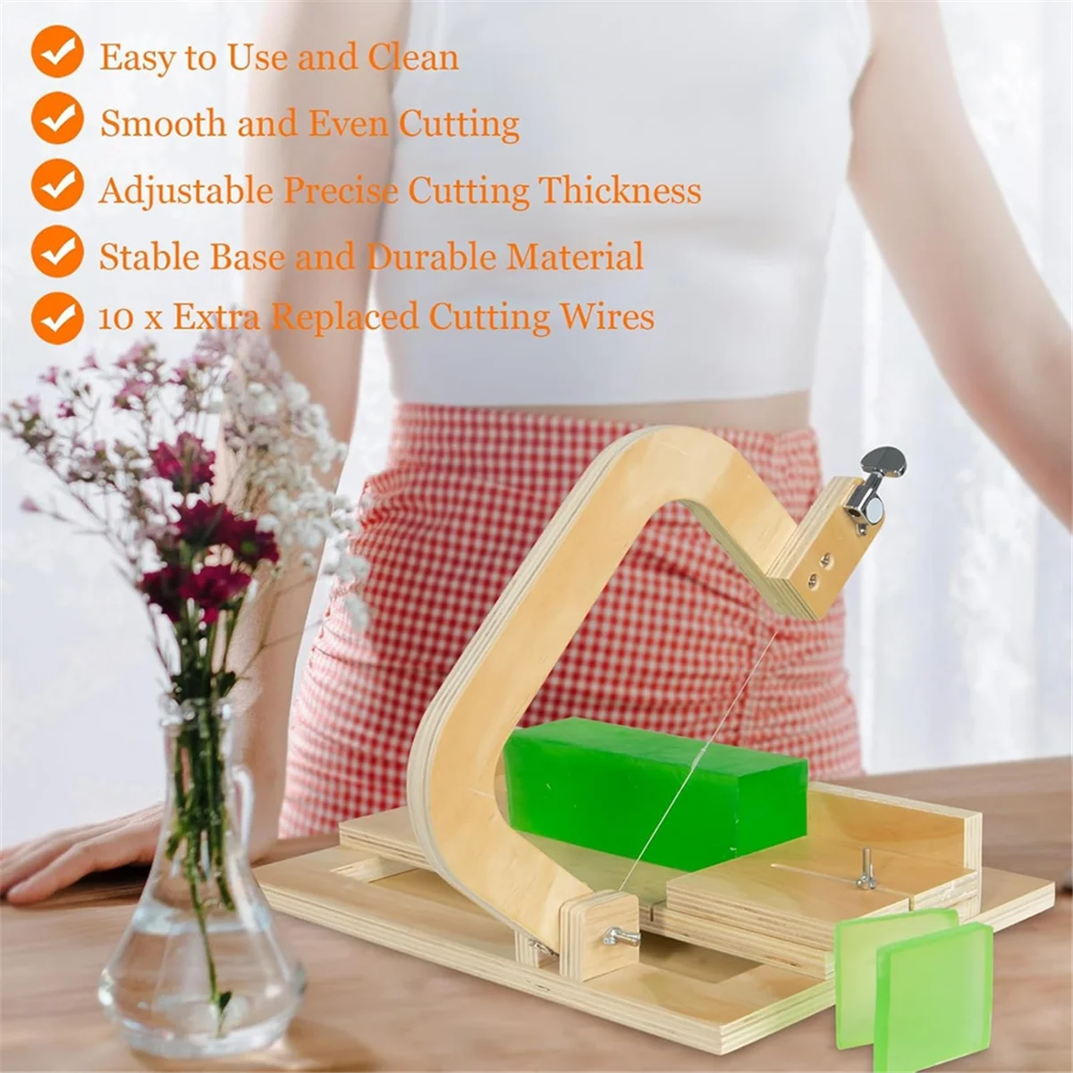 

AA98 Adjustable Wire Soap Cutter, Wooden Soap Making Supplies with Replaced Stainless Steel Wires for Handmade