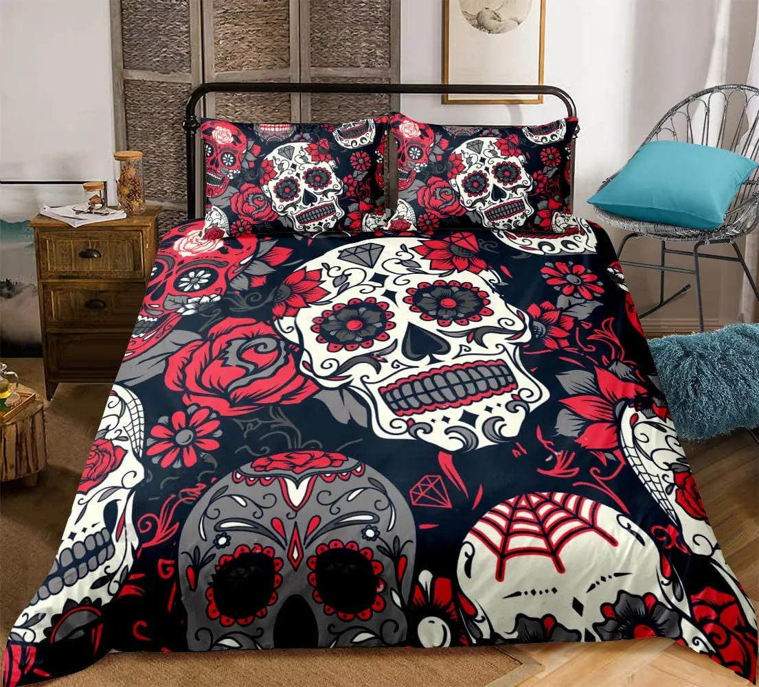 

Sugar Skull Bedding Comforter Cover Set Gothic Duvet Cover Twin/Full/Queen/King Set 3 Pieces Soft Microfiber Duvet Cover