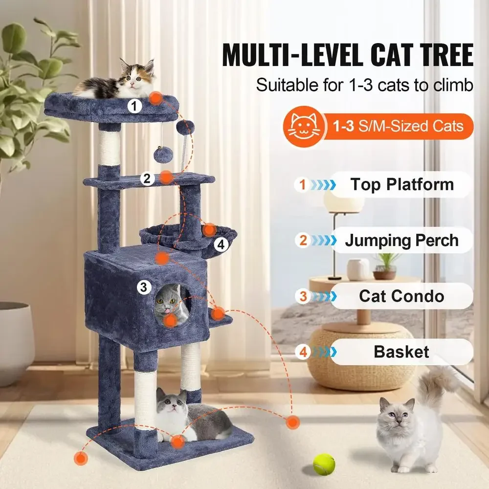 Multi-Level Cat Tree Tower with Cozy Condo Hammock Toy Ball 45.2