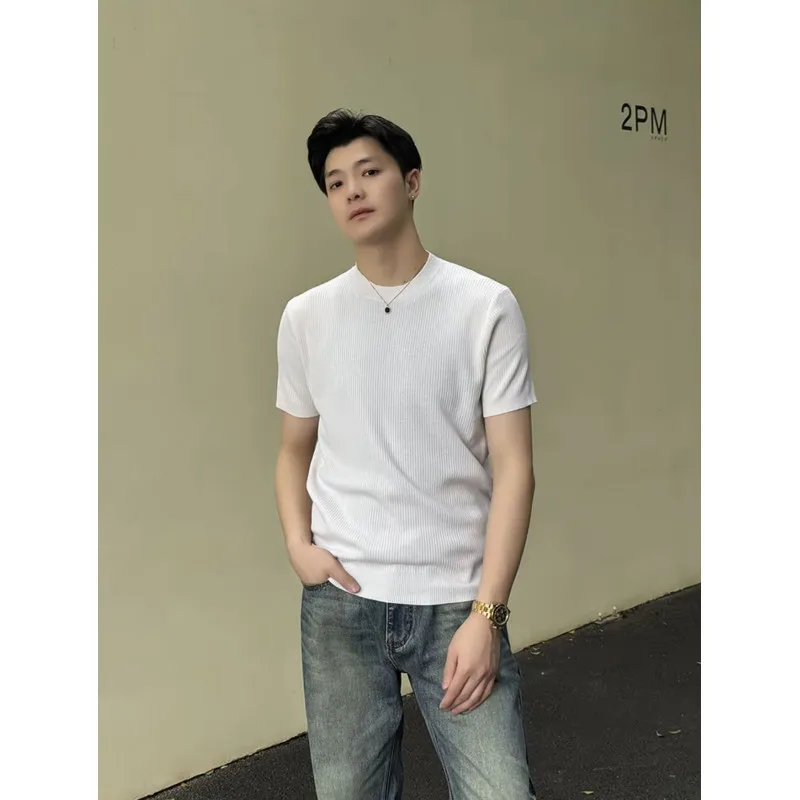 

Мужские футболки Old Money: Новинка лета 2026 – однотонные вязаные дышащие футболки с круглым вырезом, приталенные повседневные топы для мужчин