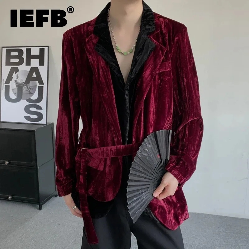 

IEFB Chinese Style Men's Blazers Belt Shoulder Pads Double-deck Design Niche Contrast Color Male Suit Jackets 2024 Autumn 12C841