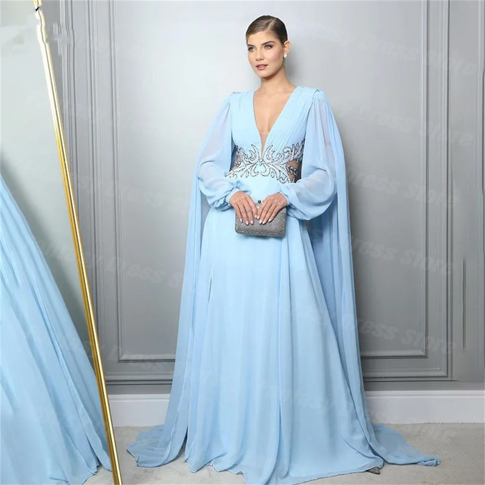 

Sky Blue A Line Evening Dresses Charming Chiffion Prom Dress Embroidery V Neck Party Gowns With Long Sleeves vestidos de noche