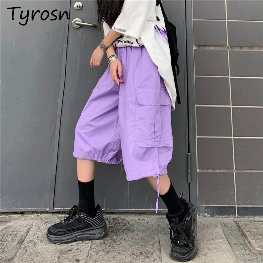 

Shorts for Women Solid Drawstring Sporty Knee-length Loose Ins Cargo Style Harajuku Pockets Hip Hop Students Casual Summer Chill