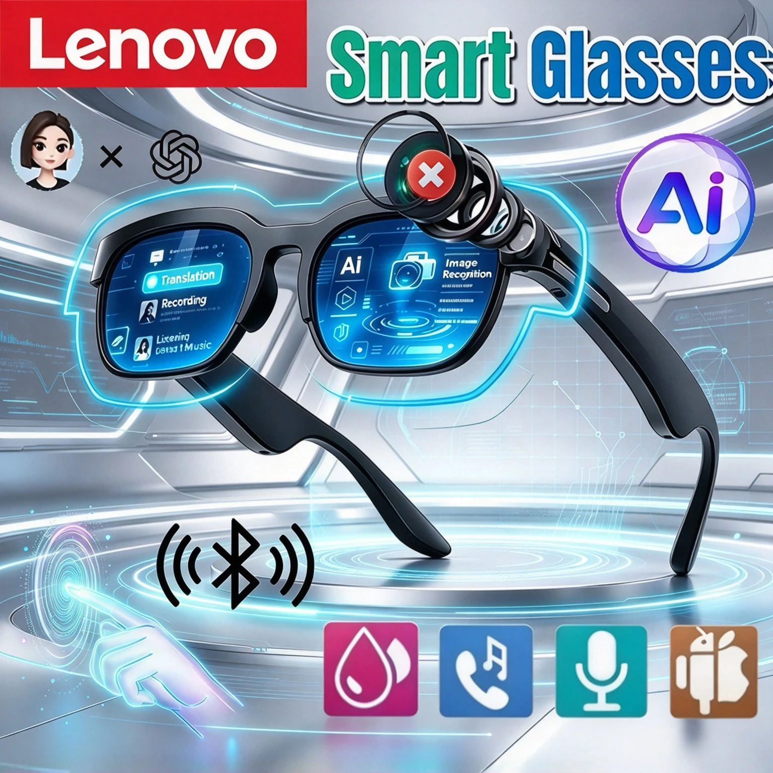 Lenovo New Upgrade AI Smart Glasses 1600W Voice Assistant Translation Wireless Bluetooth Calling Adults Smart Camera Glasses