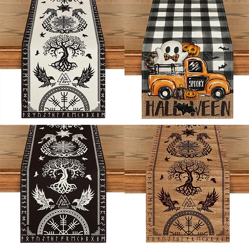 2pcs Viking Tree of Life Raven Rune Table Runner Halloween Ghost Pumpkin Truck Buffalo Plaid Dining Table Holiday Decor