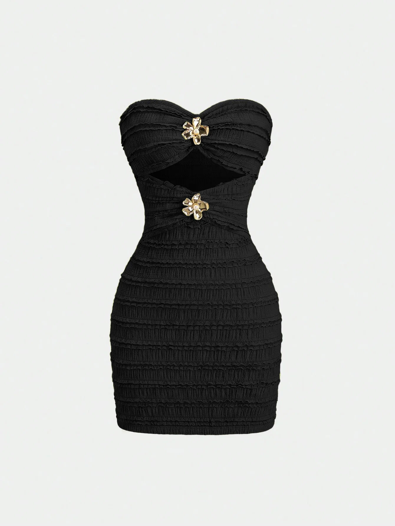 Strapless short skirt with three-dimensional texture and pleated flower embellishments, fitted and suitable for a date dress.