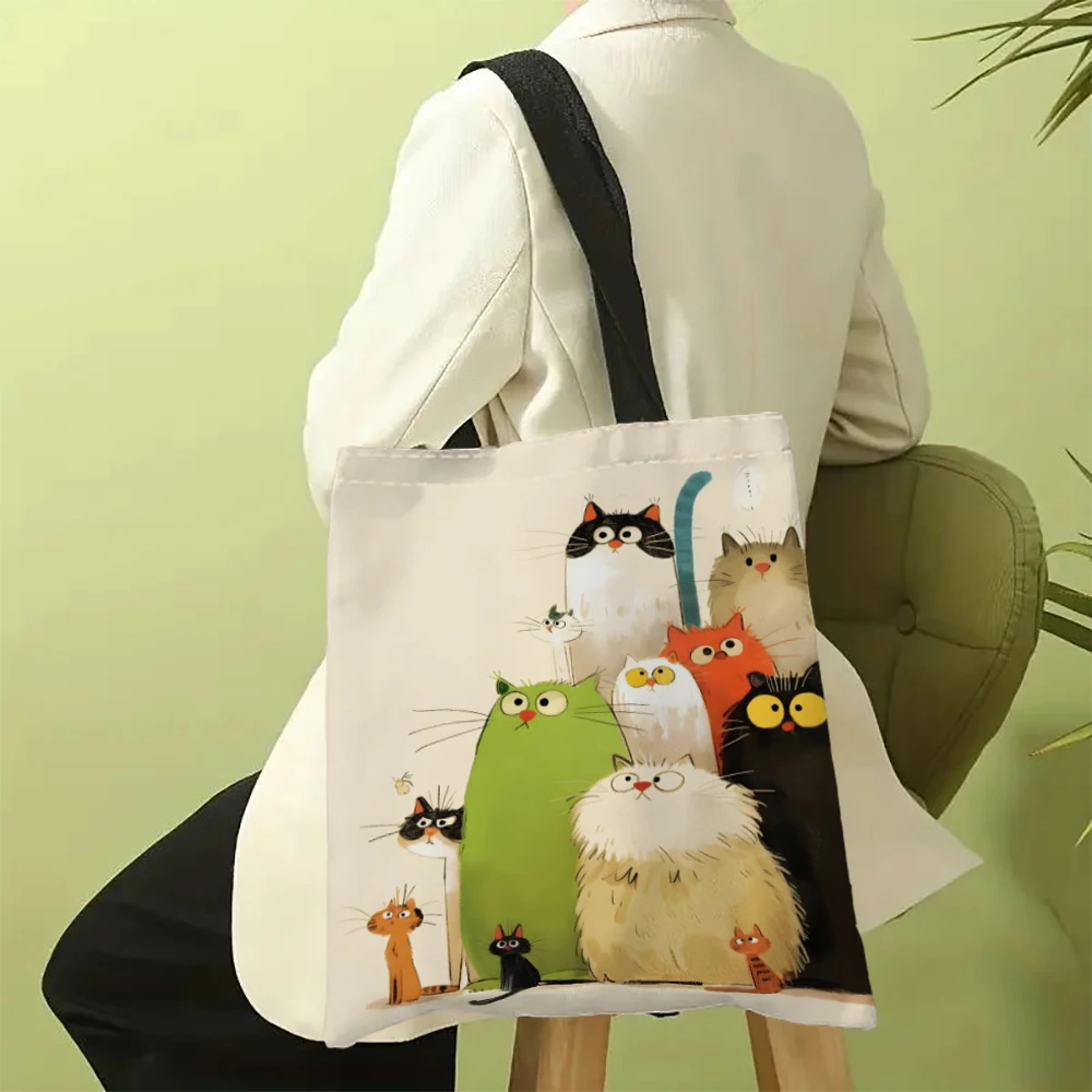 1pc Whimsical Cartoon Cats Tote Bag Cartoon Fish Shopping Bags for Ladies Gift Eco Foldable Reusable Shopping Bag Outdoors Bags