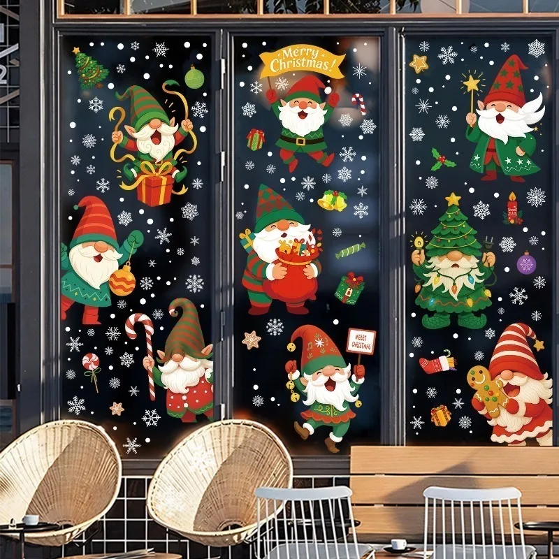 สติกเกอร์ลายซานตาคลอส เอลฟ์ เกล็ดหิมะ 9 แผ่น/ชุด สติกเกอร์ติดกระจกคริสต์มาส ของตกแต่งงานปาร์ตี้