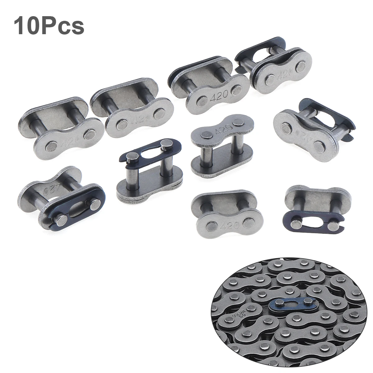 

10pcs 420 Motorcycle Chain Master Link Steel Alloy Heavy Duty Roller Chain Connector Link for Bike Karting Pit ATV Scooter