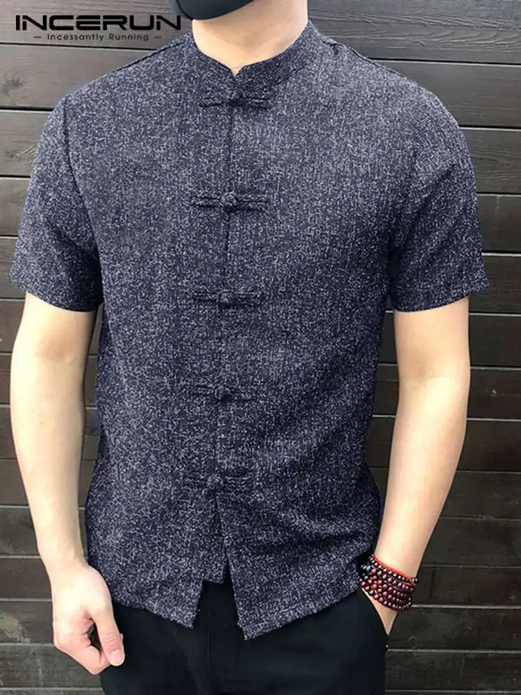 INCERUN 2023 Chinese Style Men Shirt Button Stand Collar Short Sleeve Casual Loose Tops Solid Color Vintage Tang Suit Shirts Men