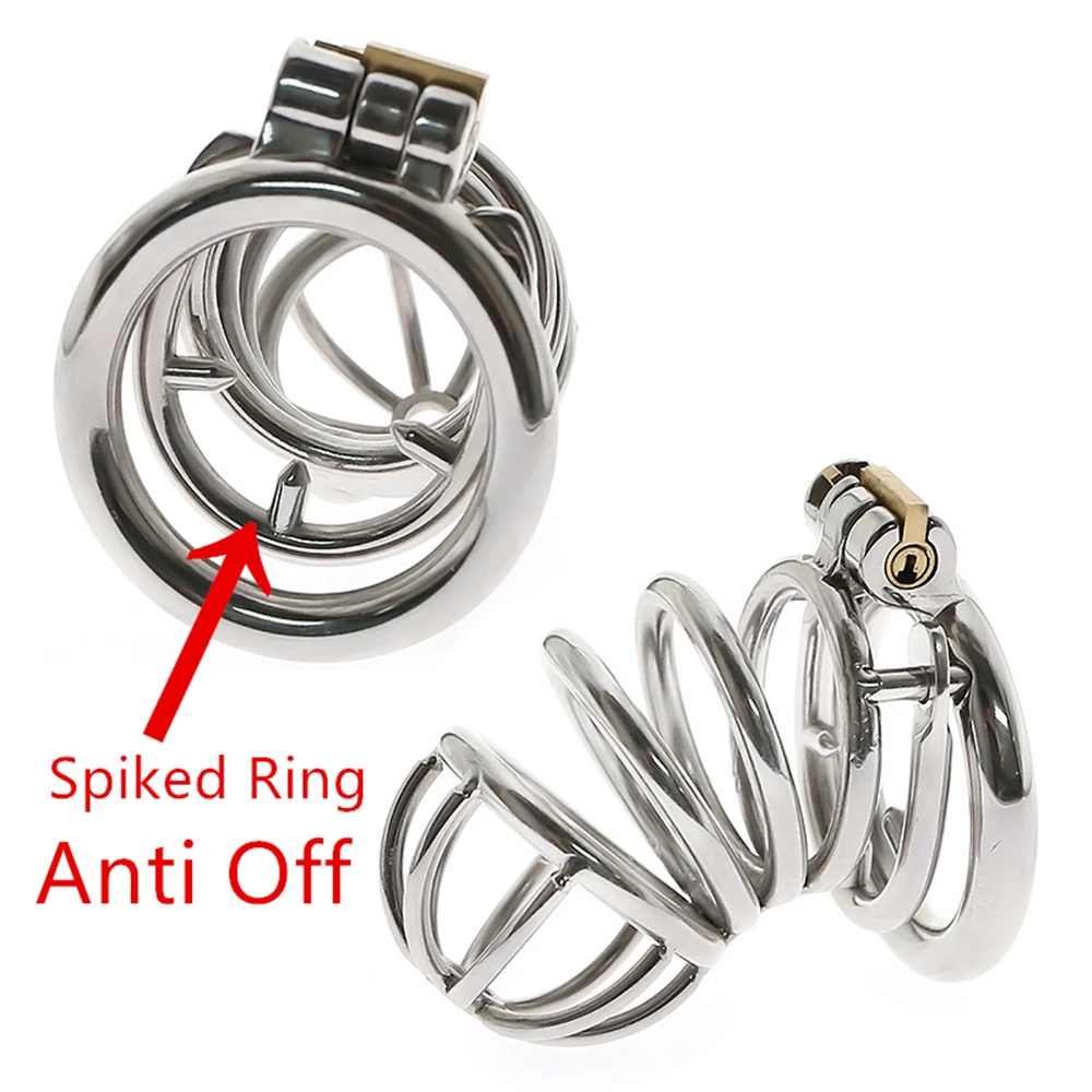 Small Upgrade Big Penis Lock Male Stainless Steel Metal Cock Cage Chastity Anti Off Spiked Ring Erotic Bondage Husband Loyalty