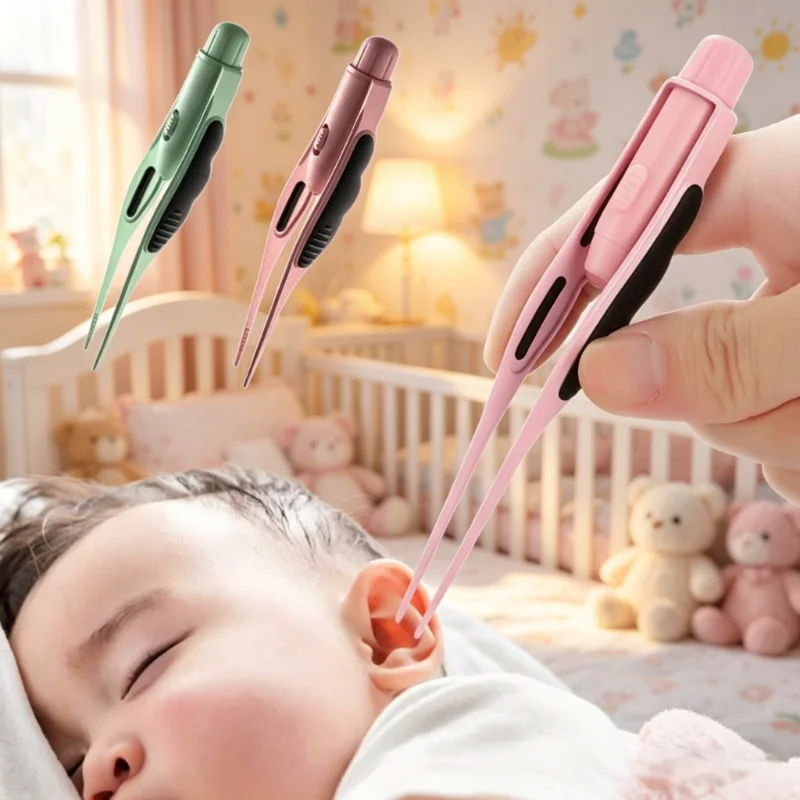 Earwax Removal Tweezers LED Lighted Anti-Slip Grip, Soft Safe Tips for Kids Adults Ear Cleaning, Illuminated Ear Pick Spoon Tool