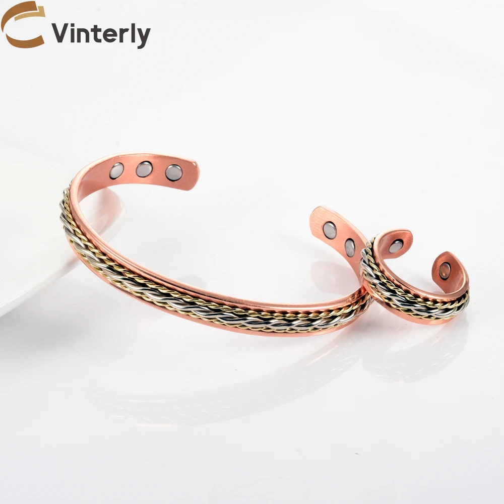 Vinterly Twisted Magnetic Pure Copper Jewelry-Set Adjustable Bracelets Ring Magnet Resizable Health Jewelry Sets Braided Pattern