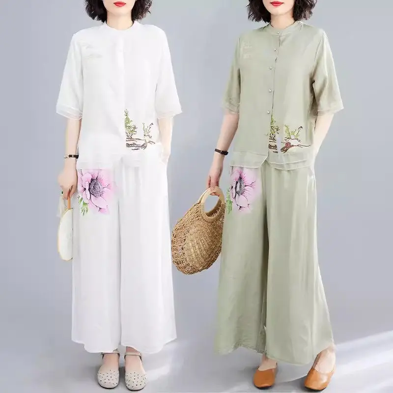 

Large Size Clothes 2024 Summer Cotton And Linen Set Women's Retro Ethnic Style Fashionable Wide Leg Pants Two-Piece Outfit K1571