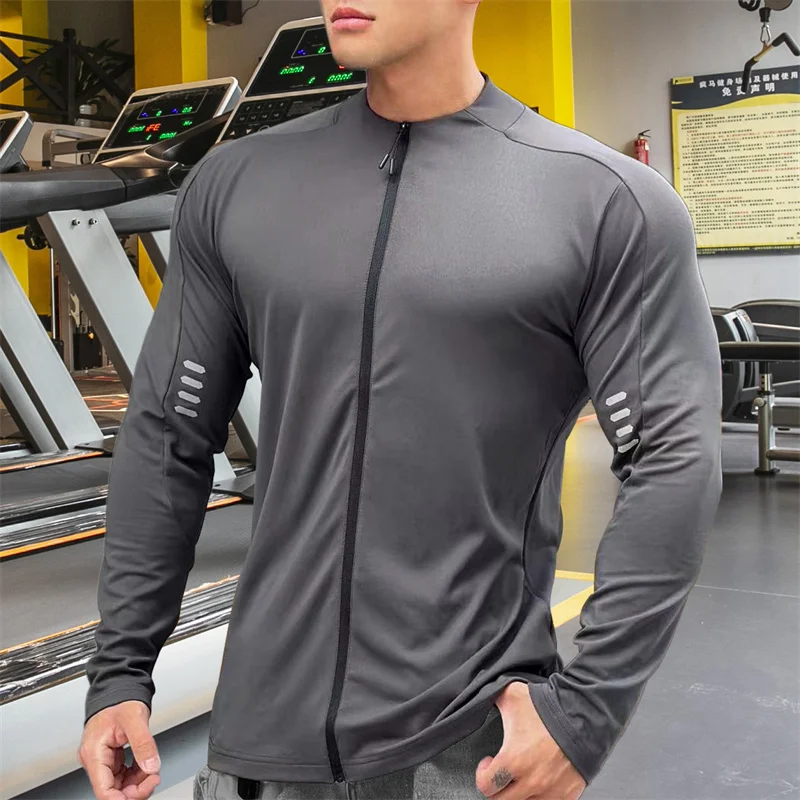 2024 Muscle Fitness Sleeve Men\'s Fashion Basketball Casual Training Clothes  Loose Half Sleeve Sports Zipper Long Sleeve T-shirt