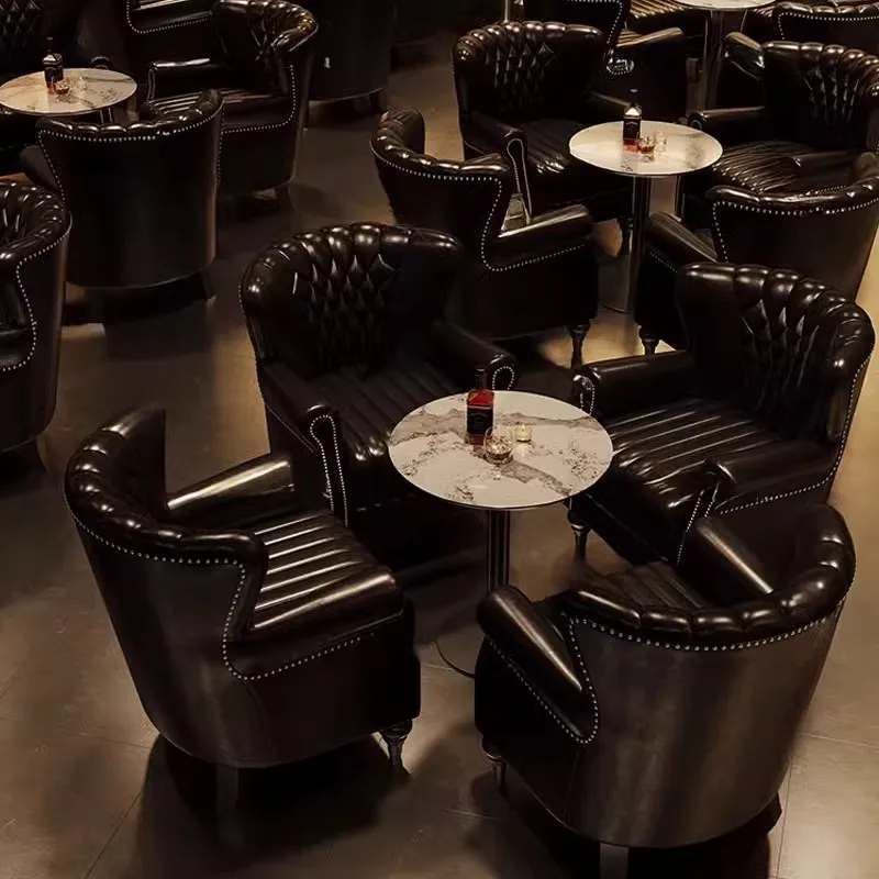 

Luxury Black Style Wine Bar Furniture Set Customized Leather Armchair Nightclub Cocktail Bistro Pub High Backrest Single Sofa