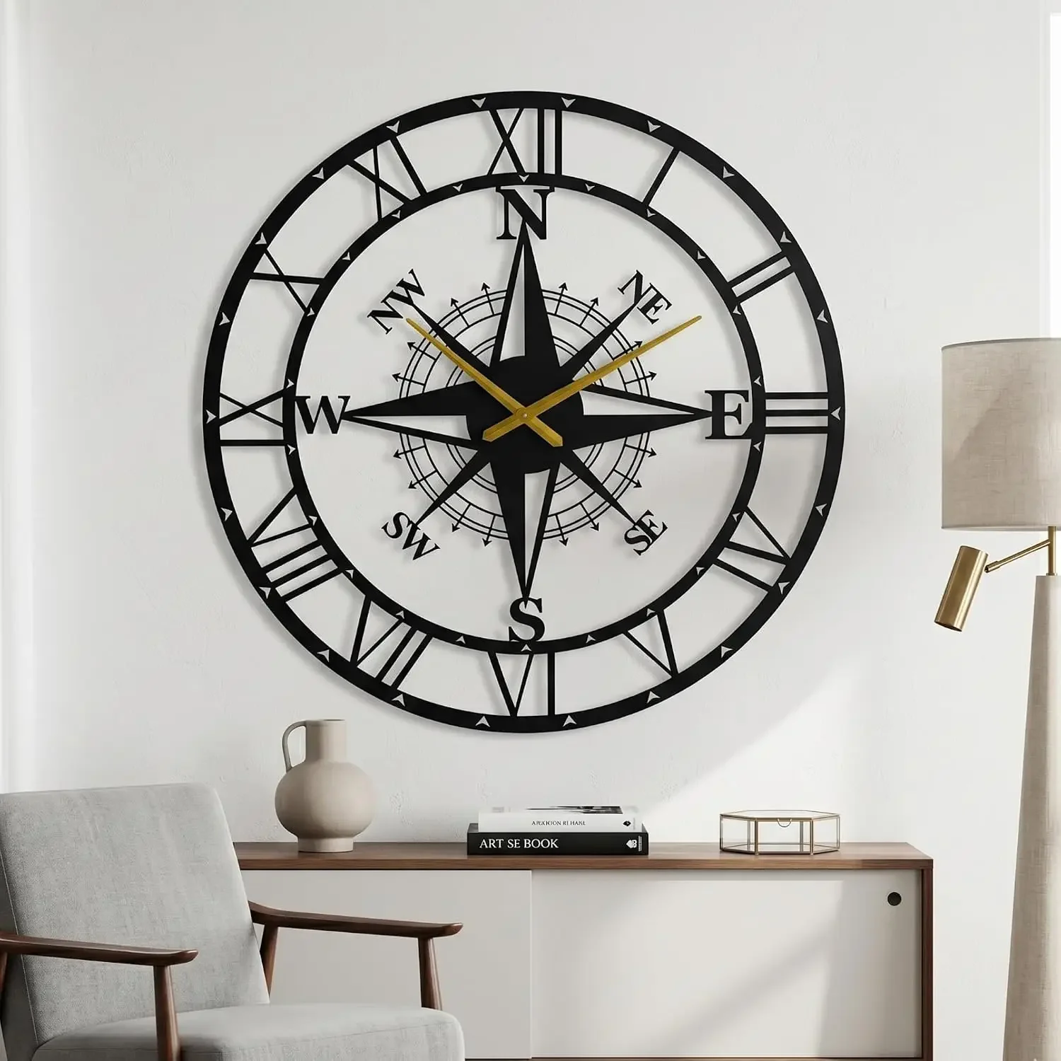 Large Metal Compass Rose Wall Clock, Black, Roman Numeral, Nautical Farmhouse Style, Silent, Oversized Living Room Decor (Black,