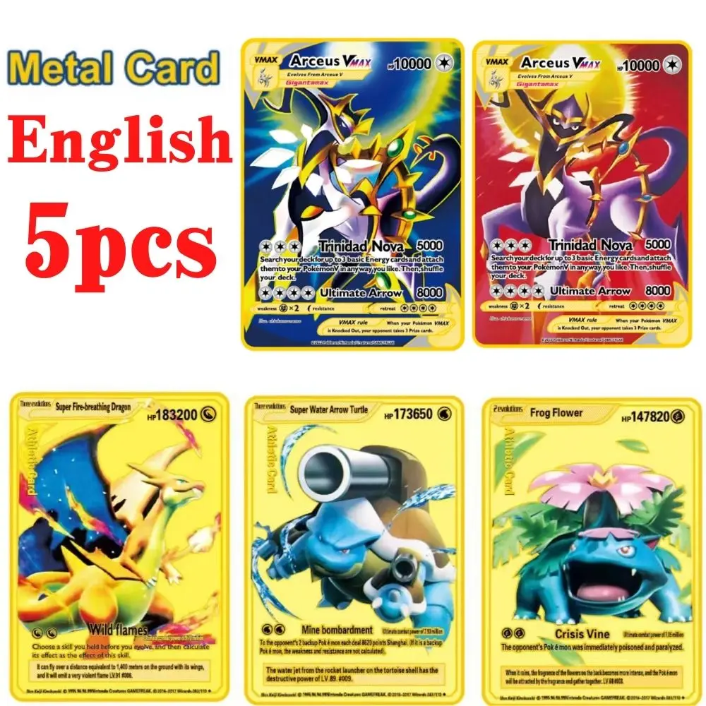 Cartas de hierro de Pokémon de 5 piezas, cartas brillantes de Metal dorado, Pikachu Mewtwo Charizard Vmax, colección de juegos, regalos de Metal de