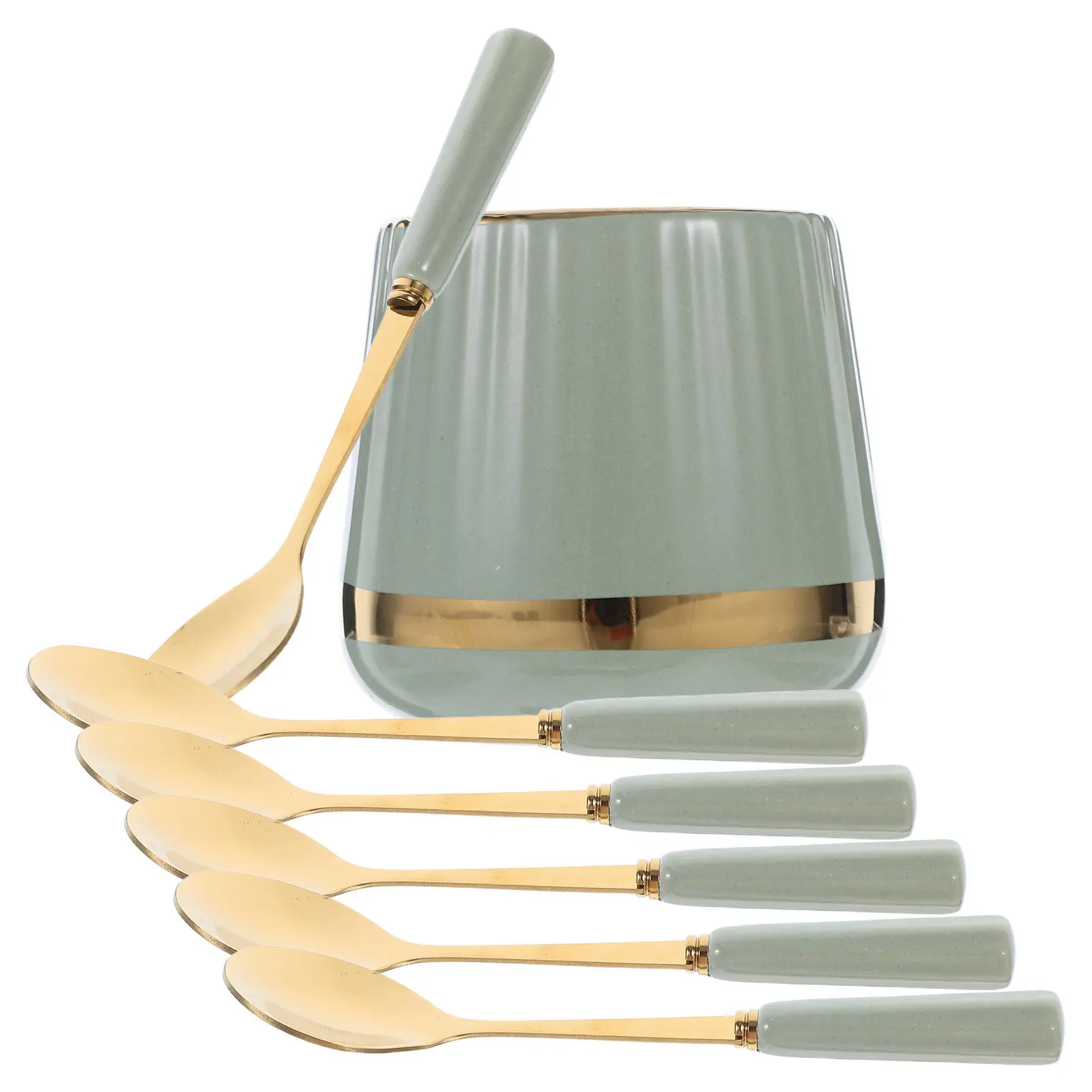 7Pcs Luxurious Coffee Spoons Stainless Steel Mini Dessert Tea Spoons Ceramic Jar Holder Coffee Stirrer Mixing Sugar Ice Cream