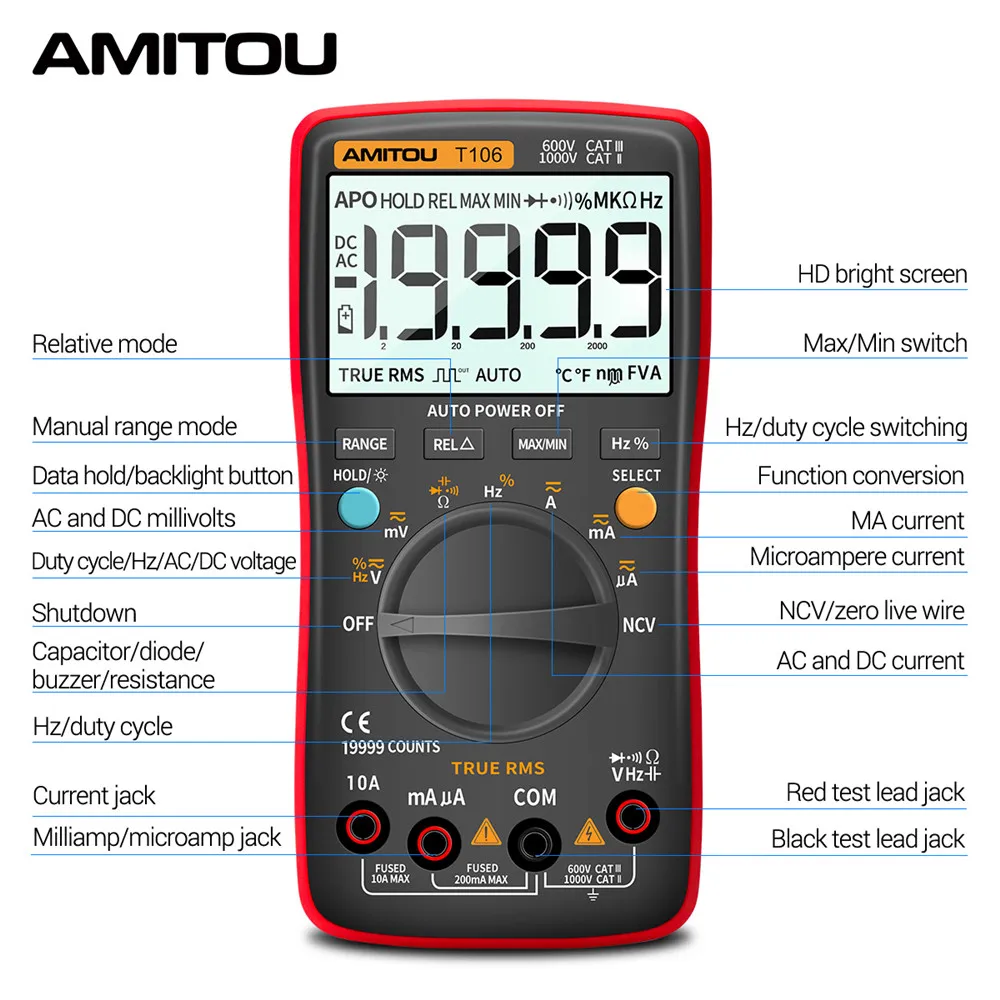 AMITOU T106 Digital 19999 conteggi multimetro professionale elettrico automatico AC/DC Tester di corrente misuratore di tensione strumenti per elettricisti
