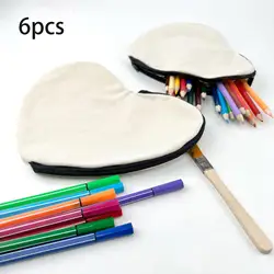 6 Pieces Heart-shaped Blank Makeup Bag DIY Graffiti Pencil Bag Zipper Handmade Canvas Bag Stationery Toiletry Storage Bag