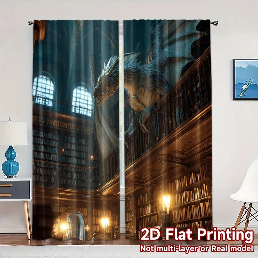 2pcs, 2D FLAT PRINTING Curtains (Without Rod) Dragons Library Pattern Popular Curtains Fabric Curtains All Seasons Ldeal for