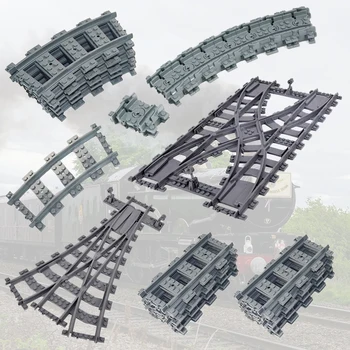 Piezas de tren de ciudad, vías, estación de tren, ladrillos, tope de ferrocarril, modelo de parada, rieles, carriles rectos y curvos, bloques de construcción, juguetes MOC