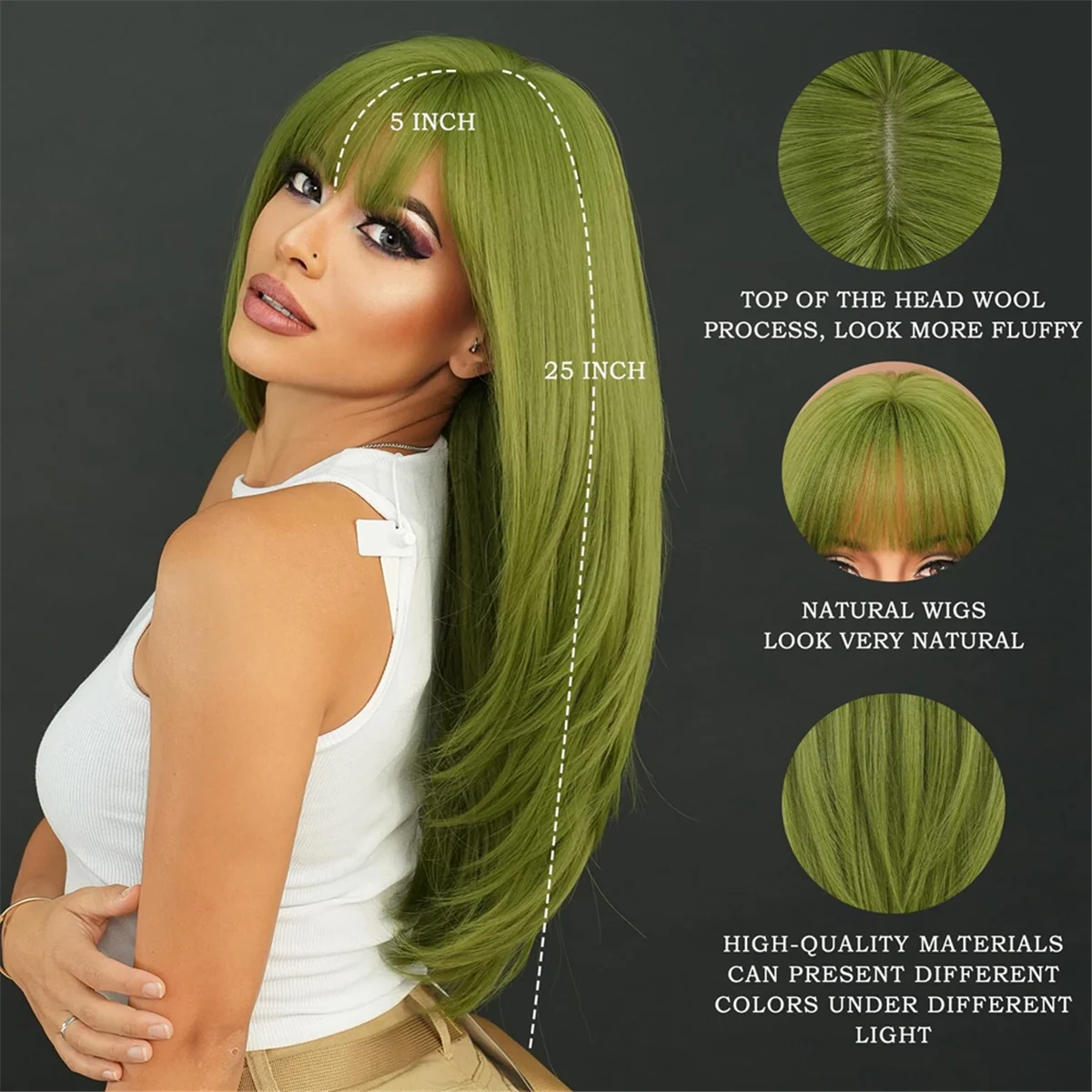 Wig Long Straight Green Synthetic Wig with Bangs Layered Straight Medium Long Anti-Heart Women Cospaly Wig(24Inch)