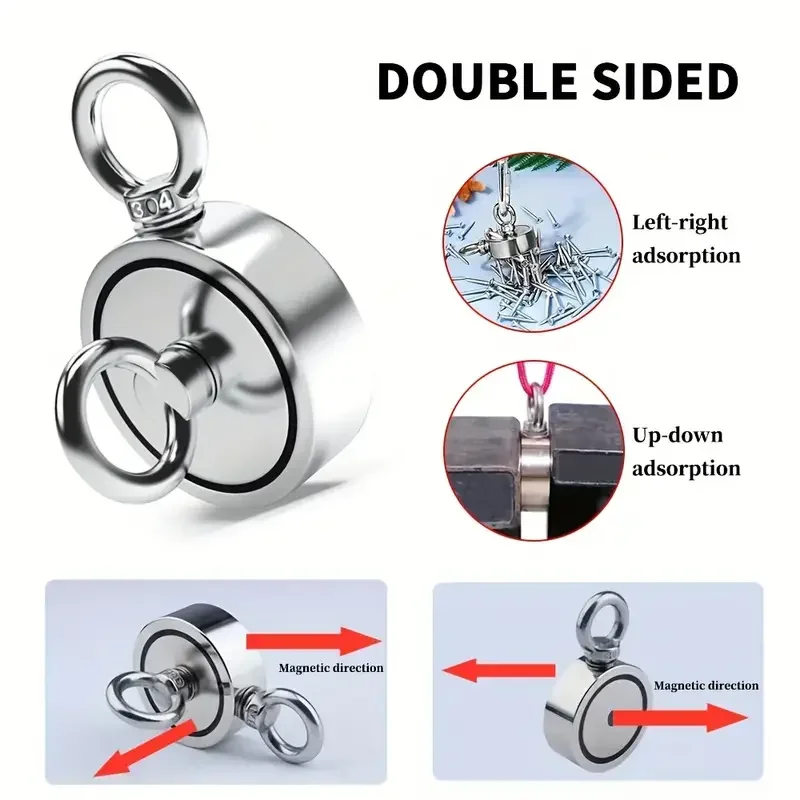 Neodymium Magnetic Salvage Hook, Double-Sided Strong Metal Fishing Magnet with Polished Surface for Underwater Retrieval.