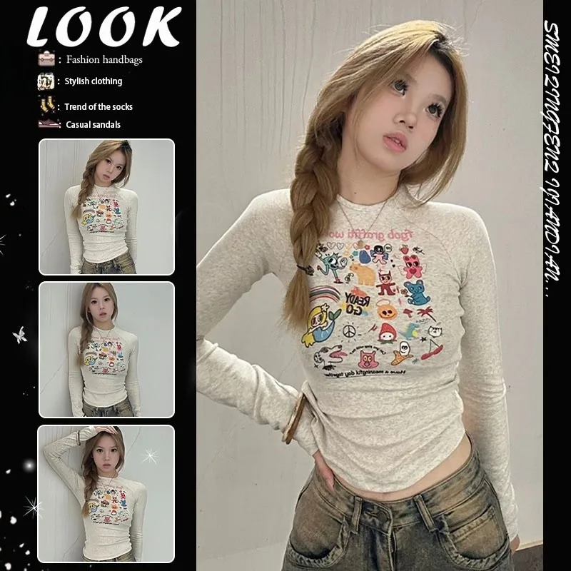 スイートクールホワイトアイロングsve-t-irt女性用早春アメリカンレトロスリミングベースレイヤートップ女性用肩幅