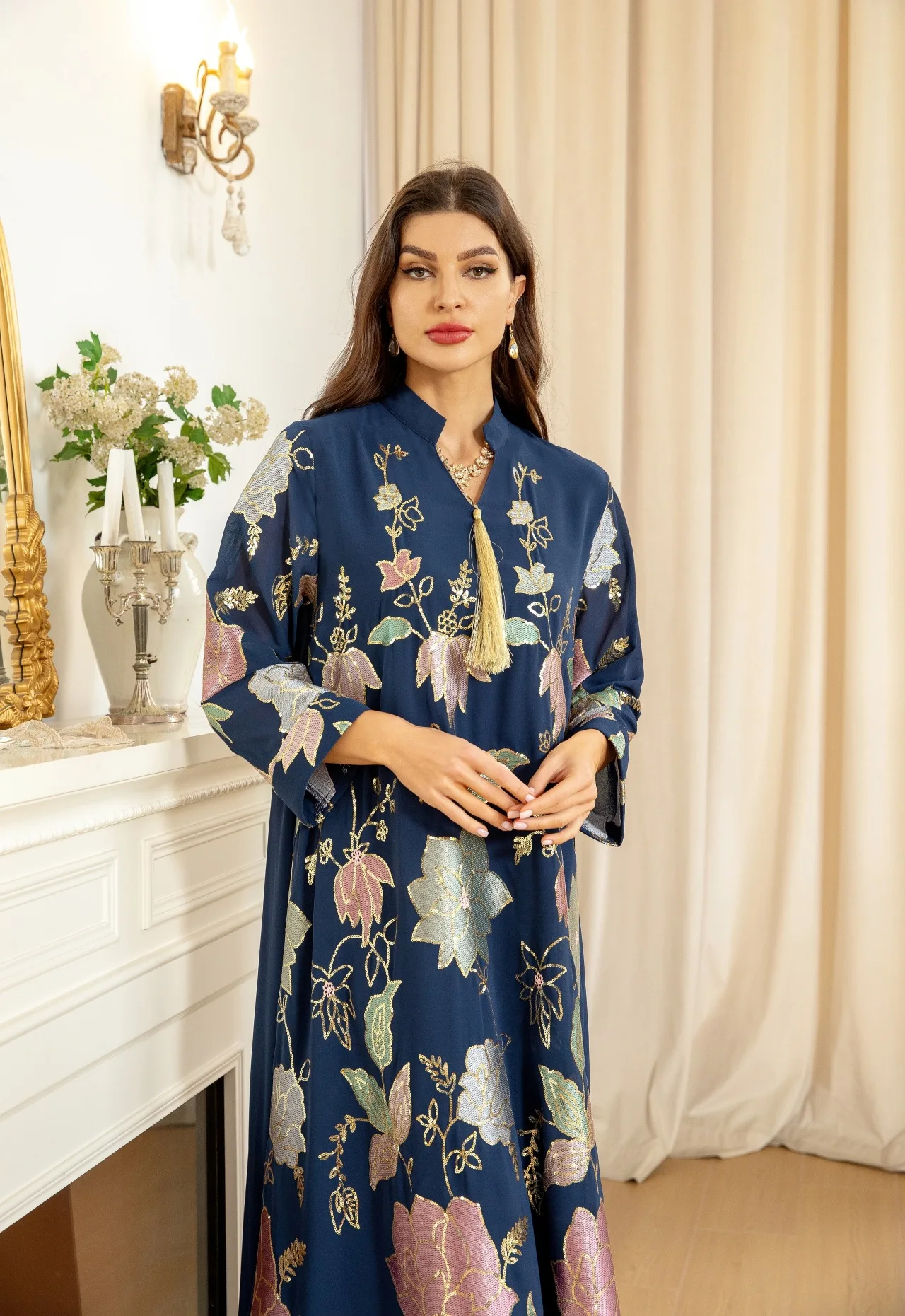 

Eid Sequin Abayas for Women Fashion Muslim Dress Tassel Print Jalabiya Dubai Kaftan Turkey Robe Caftan Marocain Femme Vestidos