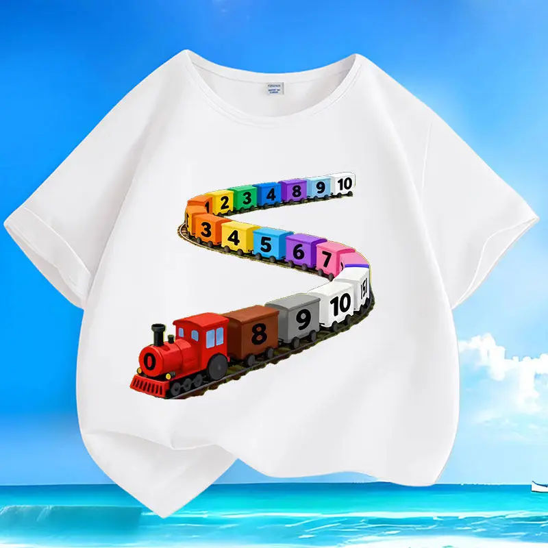 Train Digital New Summer Short Sleeved Pure Cotton Round Neck Loose Cartoon Versatile Parent-child T-shirt for Boys and Girls