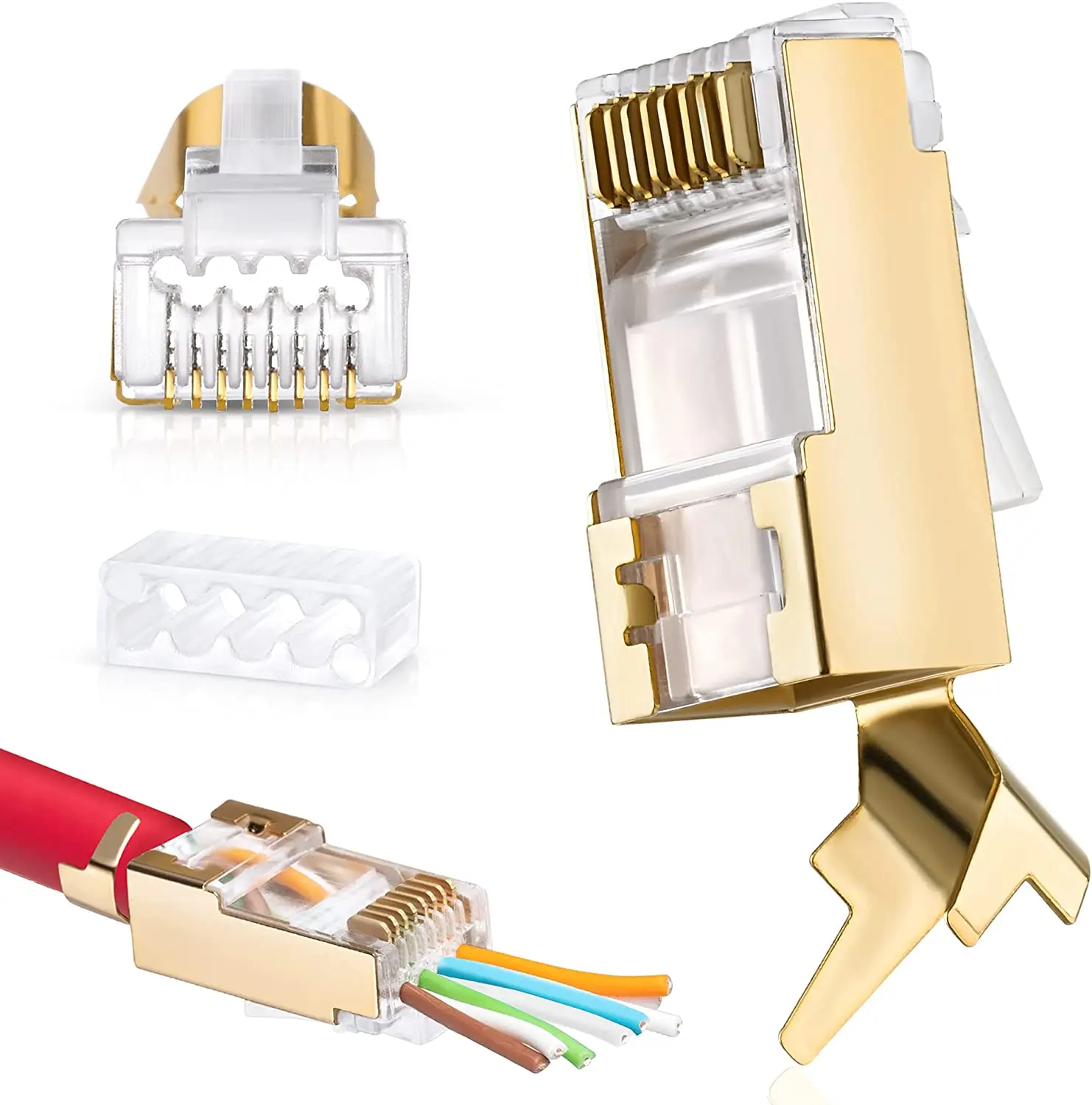 10 Stück geschirmte RJ45 Cat6A Cat7 Pass Through-Steckverbinder – 3-polige 8P8C vergoldete 2-teilige Pass Through-Modular-Datenstecker