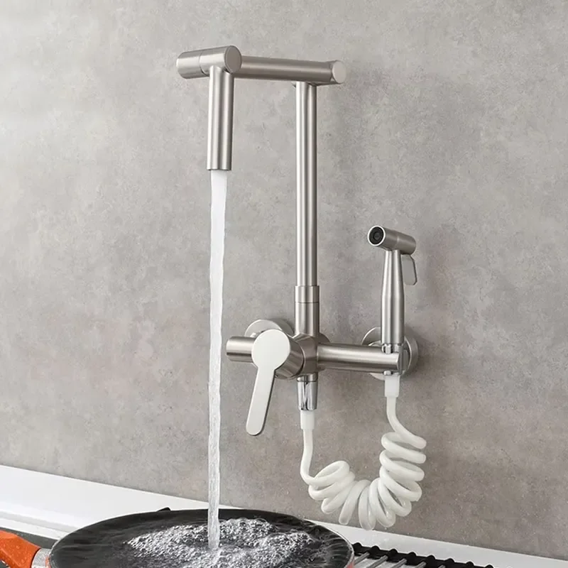 Modern Brass Wall Hot and Cold Kitchen Faucet with Flush Spray Set Dish/Laundry Basin Extended Swivel Folding Design