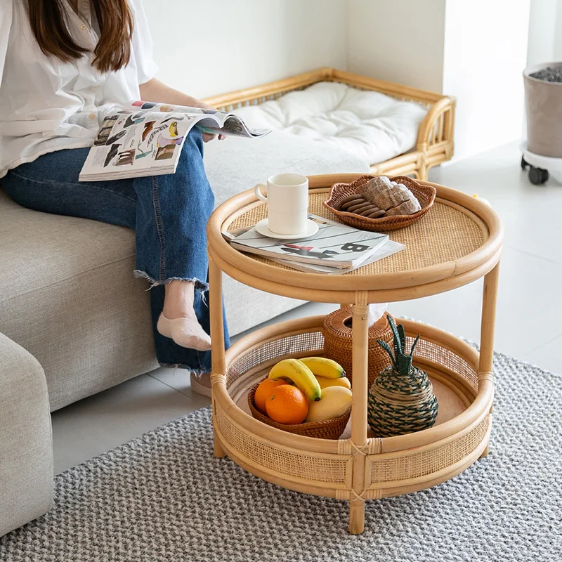 Hand Woven Rattan Tea Table Living Room Double Deck Storage Table Creative Coffee Tables Modern Simplicity Home Furniture Desks