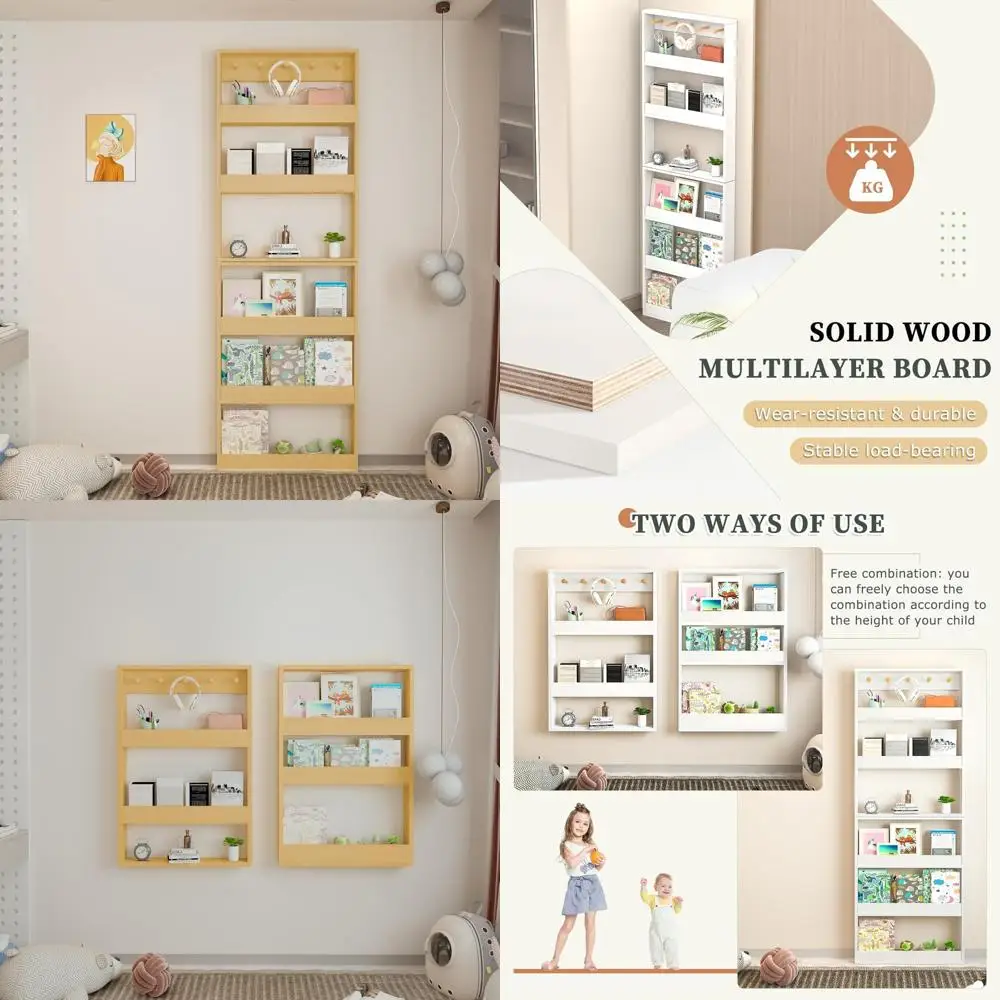 رف عائم قابل للتعديل مكون من 6 طبقات مع قضبان حماية وخطافات، تصميم وحدات قابل للتكديس لتوفير المساحة خلف تخزين الباب