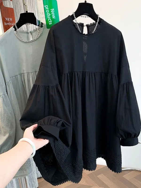 Casual redondo Ne Overhead irt 2025 nuevo Sle artístico bordado muñeca Top Bubble Sve ajuste suelto mezcla de lino y algodón irt
