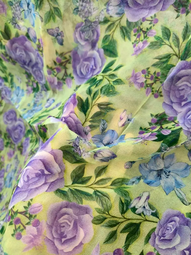 Green Flowers Print Japan Style Dress 16mm Silk Satin Fabric For Dress Quality Crepe 100 Silk Tissus Au Meters Turbans For Women