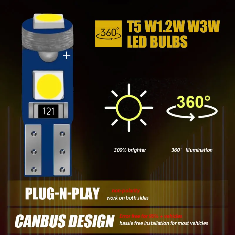 10Pcs T5 Led Bulb W3W W1.2W Led Super Bright Auto Wedge Dashboard Gauge Car Warning Indicator Instrument Cluster Lamps Bulb 12V