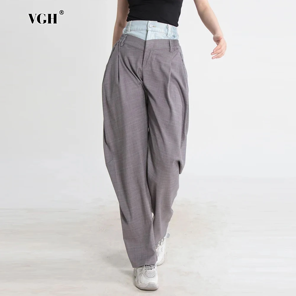 

VGH Patchwork Denim Hit Color Trousers For Women High Waist Spliced Pockets Casual Long Trouser Female 2024 Fashion Clothing New
