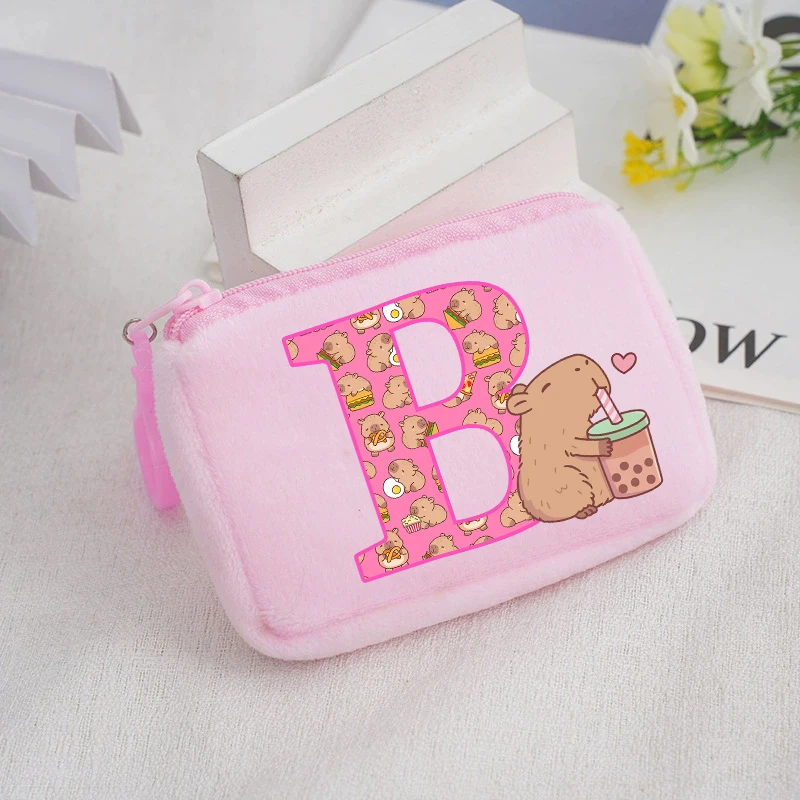 Cute Capybara Plushes Coin Purse Anime Capibara Letter A-Z Wallet Key Ring Kids School Travel Money Bag Backpack Pendant Gift