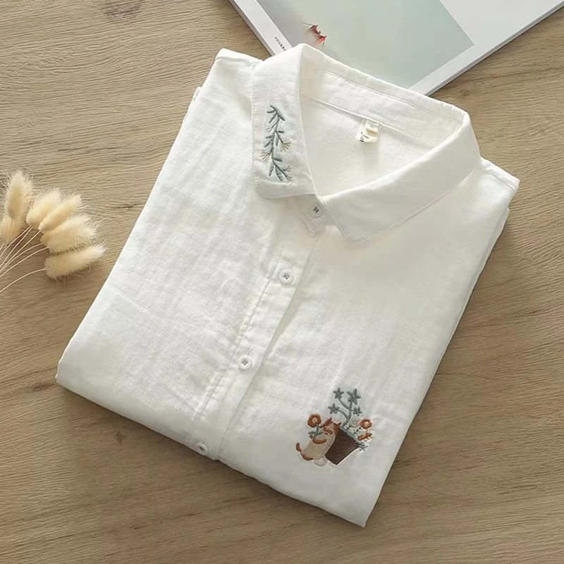 Spring Autumn Cartoon Bear Basket Embroidered Double Yarn Cotton Shirt Women White Color Base Long Sleeve Blouse Blusa U321