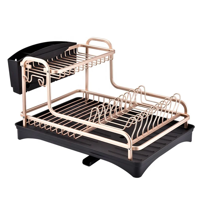 

2 Tier Rose Gold Aluminum Kitchen Dish Drying Rack Sink Dish Drainer Rack