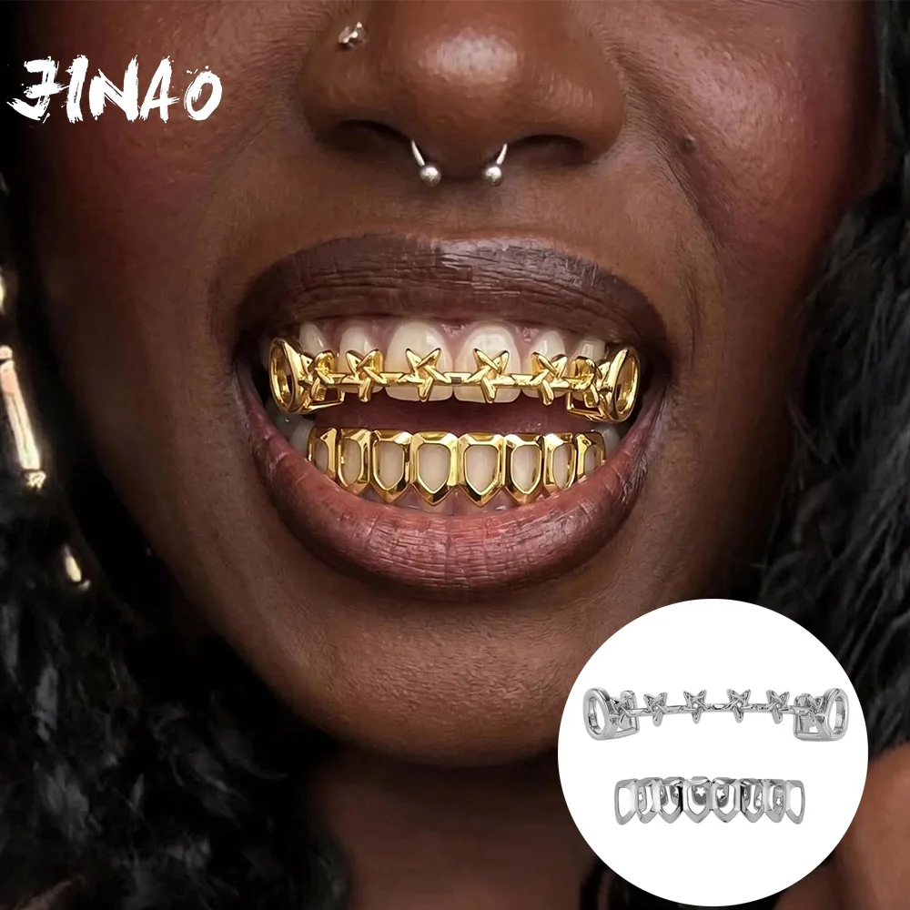 JINAO New 8 teeth grillz set  Wholesale Hollow star Grillz Top&Bottom set shinny Grill Punk Rapper Christmas Gift