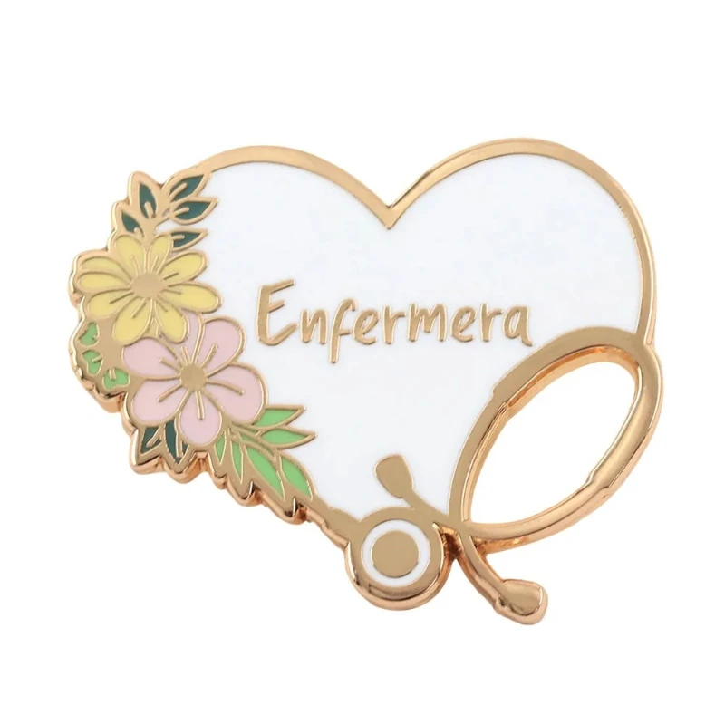 Enfermera Nurse Gift Enamel Pin Heart Shape Stethoscope Flower Lapel Brooch Badge Medico Vida De Medicina Spanish Accessory
