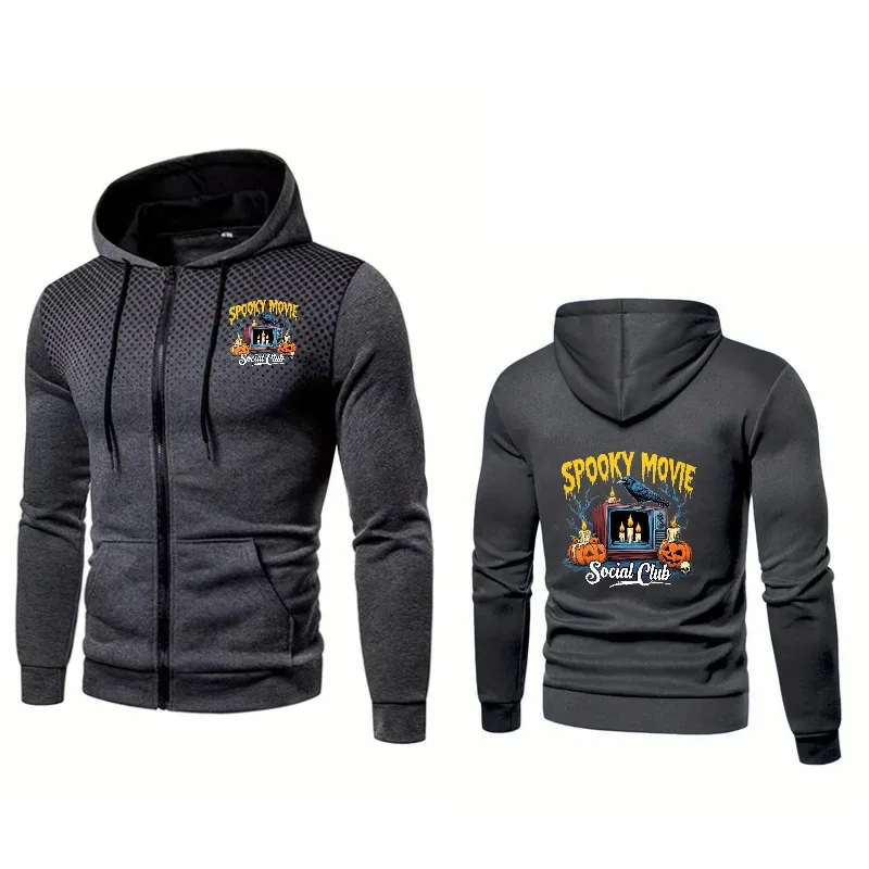 Men's Hooded Jacket Blue Spooky Movie Social Club Printed Halloween Party Costume Casual Wear for Men