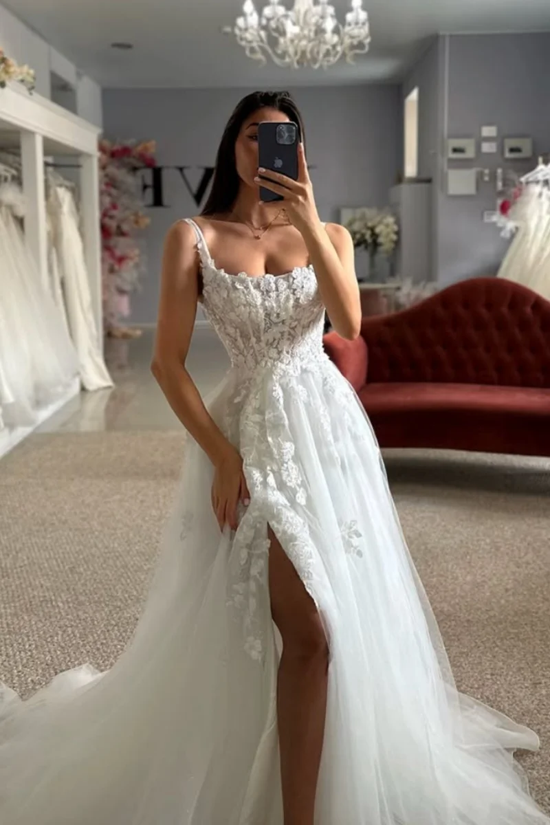 Jessica Lace Embroidery Evening Dresses Gorgeous White Prom Dresses  Side Slit Tulle For Women Wedding Party Dress Customized