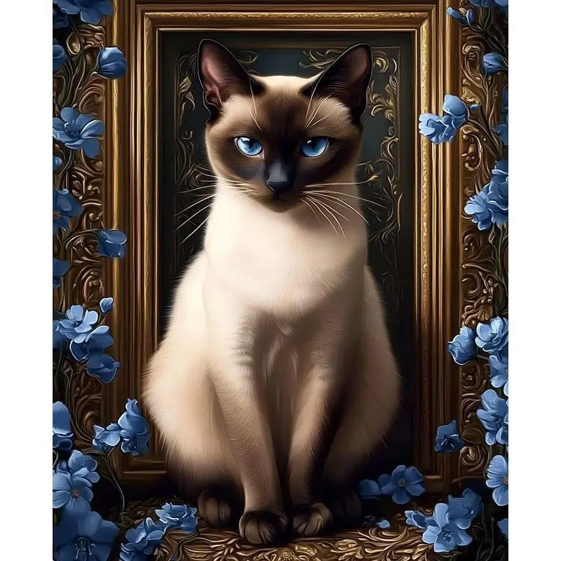 

PhotoCustom Painting By Numbers Blue Flower Siamese Cat Unique Diy Gift For Home Decor Diy Numbers Painting Home Furnishing Deco