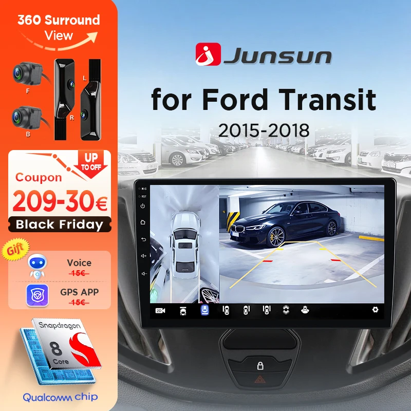 Junsun Android Auto 360 ° Autoradio Ford Transit 2015 2016 2017 2018 Multimedia Wireless CarPlay SWC Nav 8 core RDS DSP FM