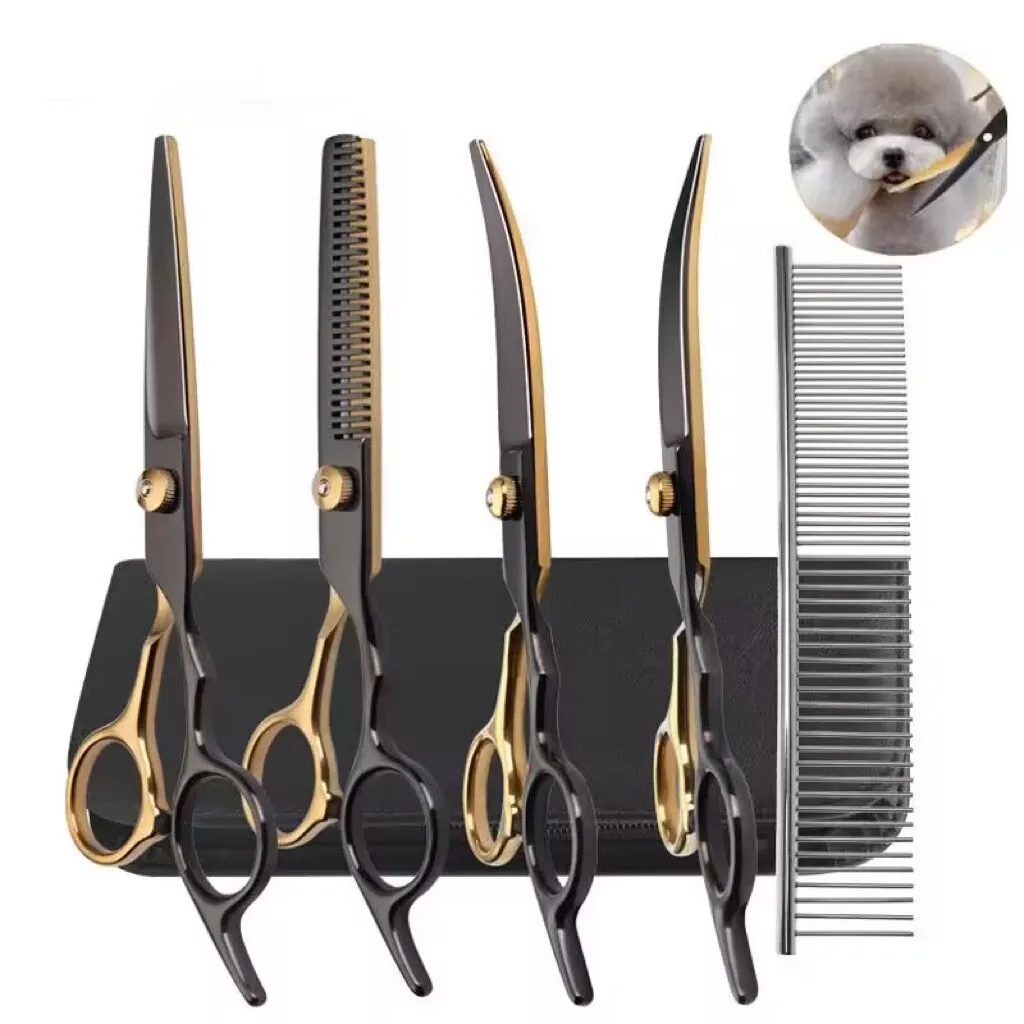 Pet Grooming Scissors Kit, Cat Hair Thinning Shear, Preto e Dourado, 6.5\